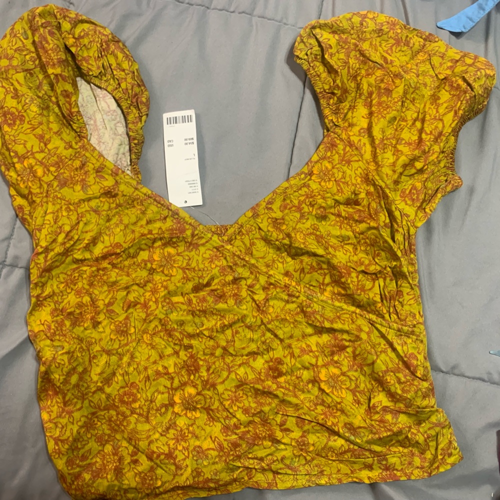 Urban Outfitters Yellow Floral Puff-Sleeve Cami with Rust Print